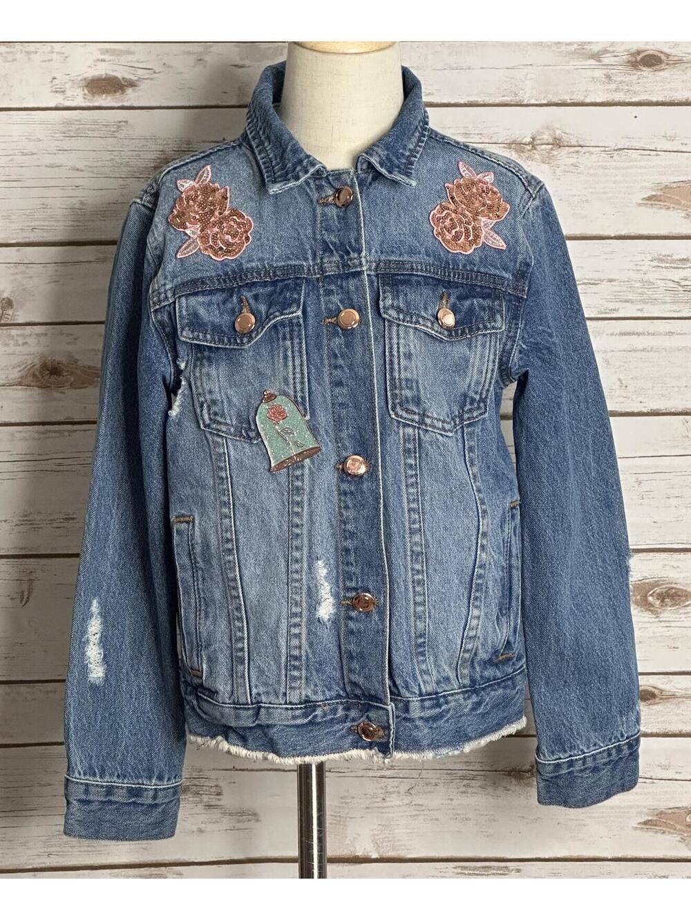 Disney distressed jean jacket Size 7/8 denim medium wash sequin embroidered - Picture 9 of 9